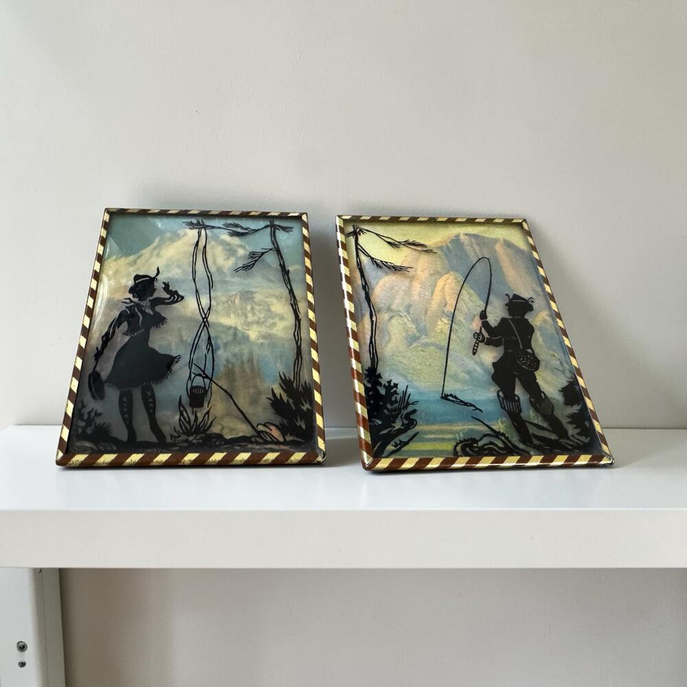 Vintage 1940s Reverse Painted Silhouette Pictures Pair Convex Bubble Glass Fly